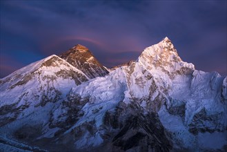 View at sundown from Kala Patthar on Mount Everest and Lhotse west flank