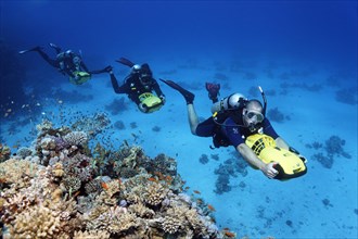 Divers with diver propulsion vehicles exploring a coral reef
