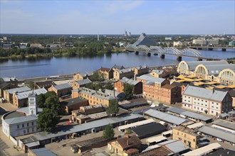Daugava River with the Railway Bridge or DzelzceÄ¼a Tilts and the New National Library