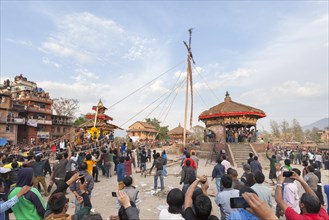 A 25m high pole or lingam is pulled to the ground during the Bisket Jatra New Year celebrations
