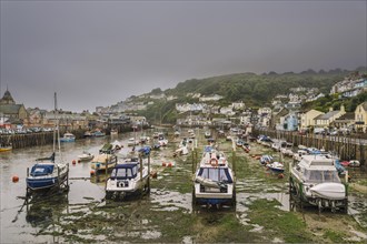 Fishing boats in the harbor at low tide