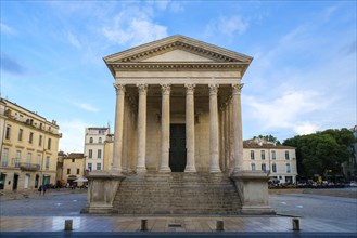Front view of Maison Carree ancient Roman temple on Place de la Maison Carree