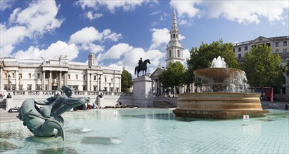 Fountain with equestrian statue of George IV and views of the National Gallery and Church of St Martin-in-the-Fields