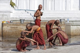 Novice monks during their morning bath with a shaving of the head in the Shwe Yaunghwe Kyaung Monastery
