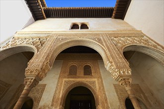 Moorish architecture of an inner courtyard of the Palacios Nazaries