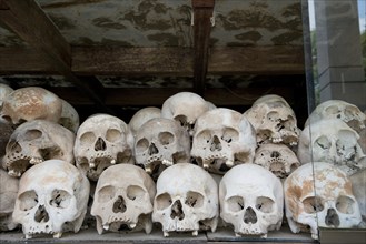 Skulls and bones in the Memorial Stupa to the prisoners murdered by the Communist or Maoist Khmer Rouge in Choeung Ek