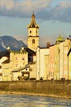 Medieval houses and Gothic town church in evening light