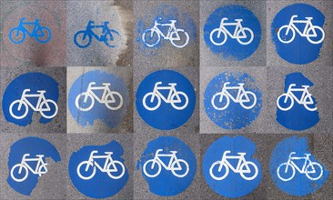 Collage of cycle track markings on a pavement