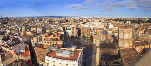 High viewpoint panorama of Valencia and the Plaza de la Reina from the Miguelete bell tower