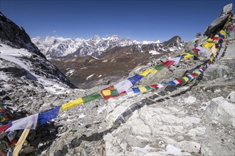 Prayer flags at the Cho La Pass in front of mountains