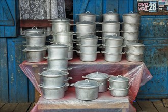 Cooking pots in a market stall