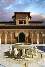 Arabesque Moorish architecture of the Patio de los Leones or Court of the Lions