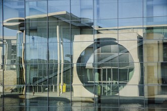 Marie-Elisabeth-Luders-Haus reflected in the windows of the Paul-Lobe-Haus