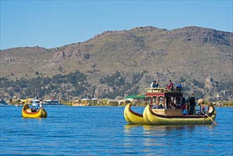 Reed boats near the floating islands of the Uros on Lake Titicaca