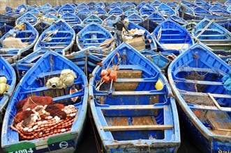 Typical blue fishing boats in the harbor of Essaouira