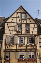 Half-timbered house with stork figures in the historic centre