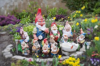 Group of garden gnomes in a blossoming spring flower bed