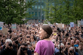 16-year-old Swedish climate activist Greta Thunberg addresses several thousand demonstrators at a Fridays for Future rally