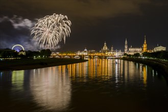 Fireworks illuminating the historic part of the town with Frauenkirche church and Bruhl's Terrace