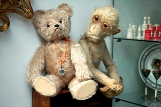 Old monkey and bear plush toys displayed in a shop window