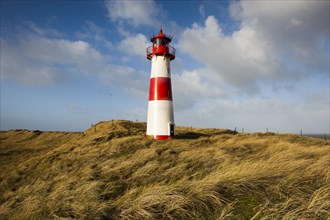 The red and white lighthouse of List Ost on the Ellenbogen peninsula