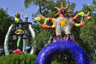 Colorful sculptures in the Giardino dei Tarocchi or Garden of the Tarot