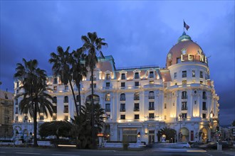 Hotel Le Negresco on the Promenade des Anglais in the evening