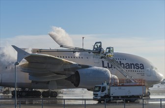 Lufthansa Airbus A380-841 during deicing at Frankfurt Airport