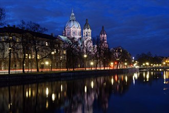 Saint Luke's Church or Lukaskirche with the Isar river at night