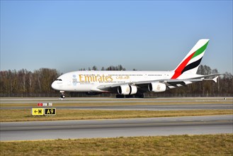 Emirates Airlines Airbus A 380-800 rolling on the runway at Munich Airport Franz Josef Strauss