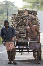 Day labourers pulling a cart laden with wood
