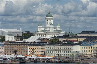 Helsinki Cathedral above the buildings at the harbour