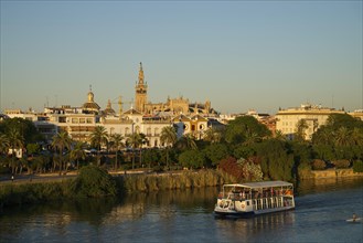 View over the Guadalquivir to the bullring and the cathedral