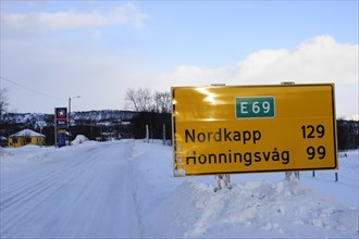 Street sign in winter on the E69 to the North Cape
