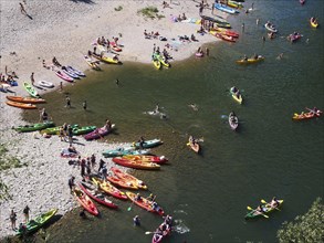 Boats on the beach on the Ardeche river