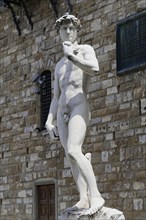 Statue of David by Michelangelo in front of the Palazzo Vecchio in the Piazza della Signoria