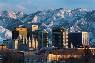Winter scene of the downtown skyline with the Mormon Salt Lake Temple