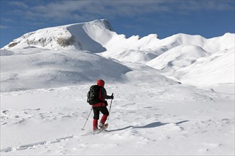 Snowshoe hiker in front of the massif of Monte Sella di Senes