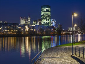 Theodor-Stern-Kai with a view of the skyline of Frankfurt and the Westhafen Tower of the OFB