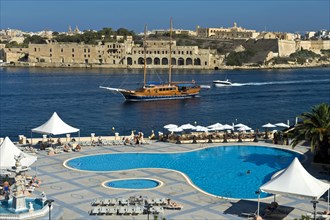 View from the pool area of the Grand Hotel Excelsior Malta of Marsamxett Harbour