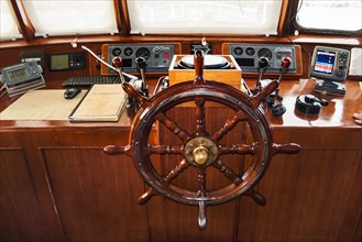 Steering wheel on the bridge of Pelagian liveaboard