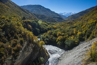 The caucasian mountains in fall with the Argun river