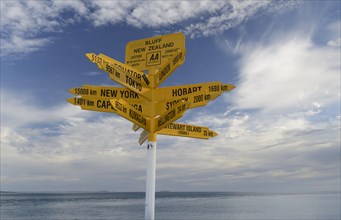 Yellow signposts with worldwide destinations
