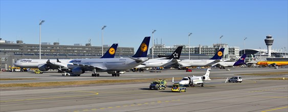 Apron of Munich Airport ""Franz Josef Strauss"" with airplanes