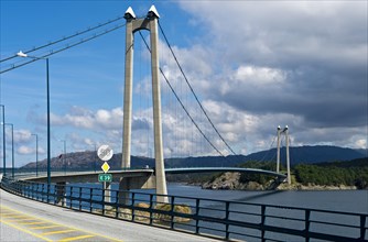European Road E39 crossing Stord Bridge or Stordabrua suspension bridge across the sound of Digernessundet
