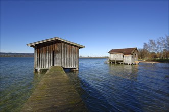 Boathouses on Lake Kochel or Kochelsee Lake