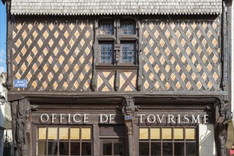 Office de Tourisme tourist office in old half-timbered and brick building on main square of Montrichard