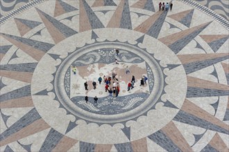 Compass rose with world map in the pavement in front of the Padrao dos Descobrimentos