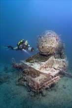 Scuba diver at the remains of a Stanier 8F locomotive