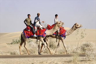 Camel riders travelling in the Thar Desert